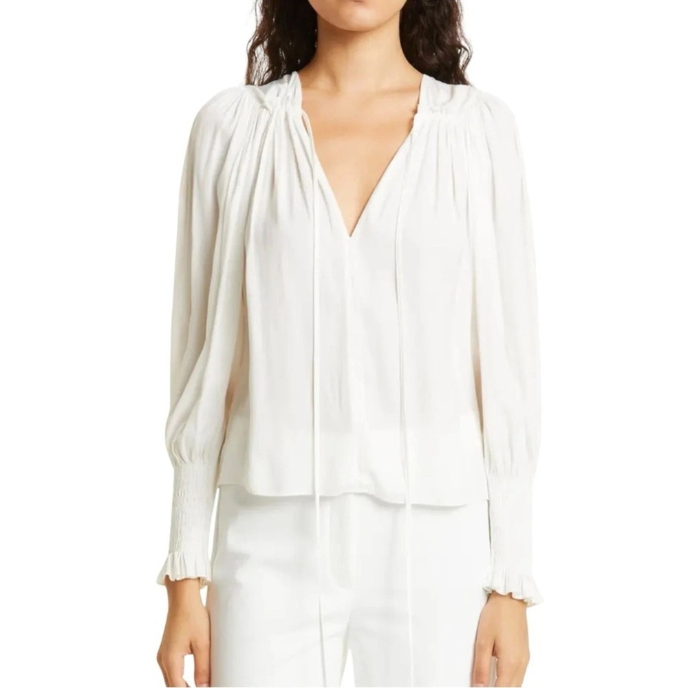 Rebecca Taylor Sateen Tie Neck Smocked Ruffle Cuff Blouse XS Off White Luxury - Picture 16 of 16